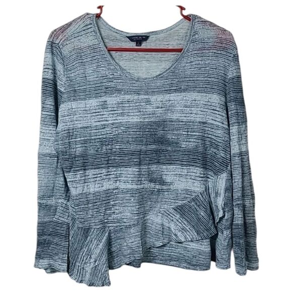 Lucky Brand 100% Linen Printed Ruffle Top Blue Multi Peplum Knit Tee Stripes LG - Picture 5 of 6